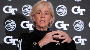 Georgia Tech Head Coach Nell Fortner speaks during a ACC women's basketball media day, Tuesday, Oct. 8, 2024, in Charlotte, N.C. (AP Photo/Chris Carlson)